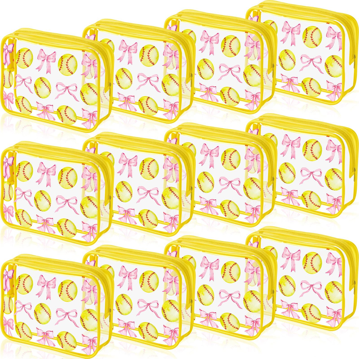 Reginary softball bags with pink bows — clear PVC for sturdy travel organization.