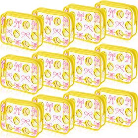 Reginary softball bags with pink bows — clear PVC for sturdy travel organization.
