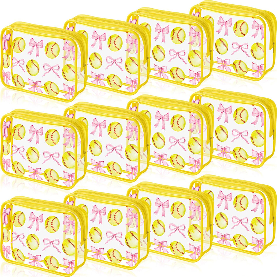 Reginary softball bags with pink bows — clear PVC for sturdy travel organization.