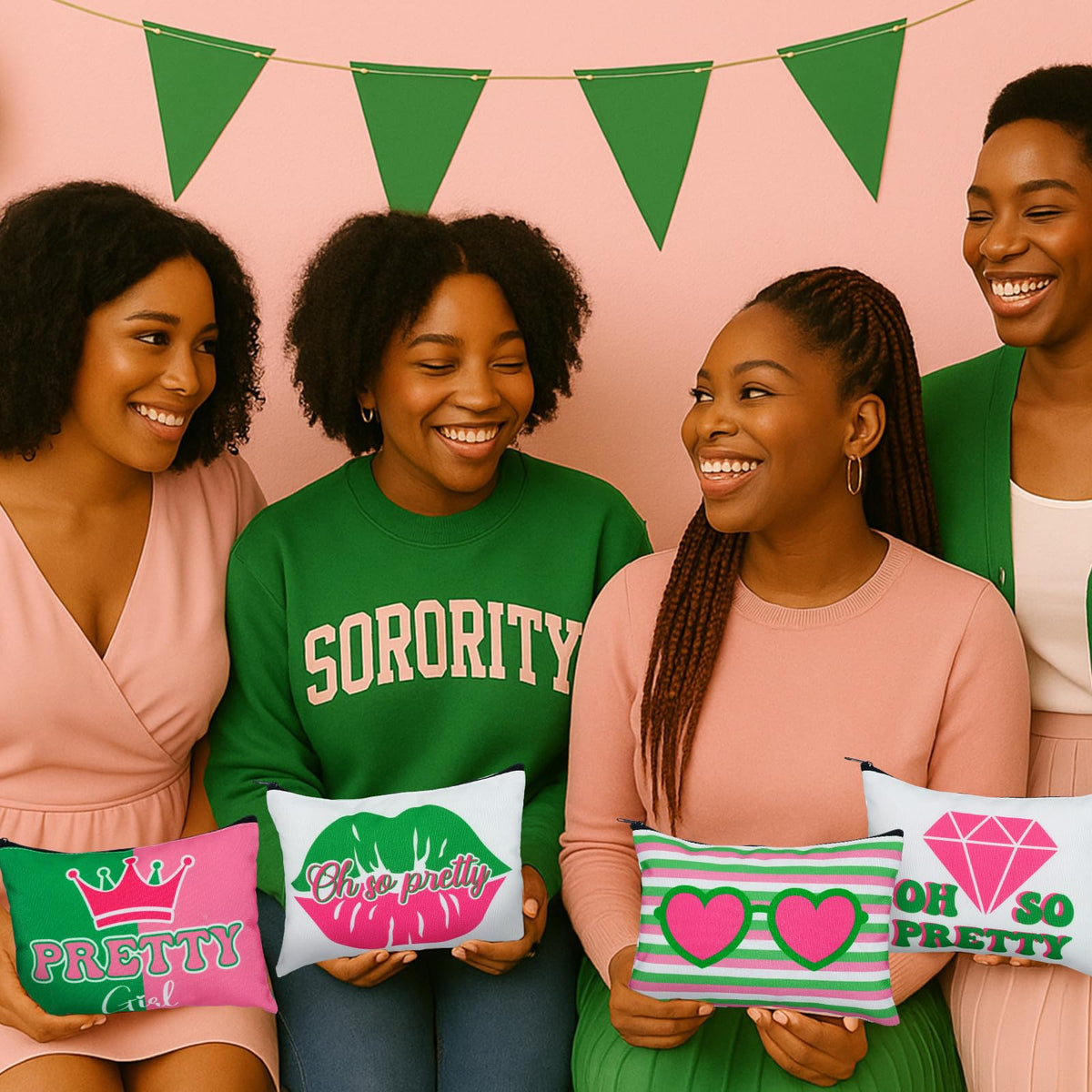 Reginary sorority makeup bags pastel green accents, versatile for snacks or essentials