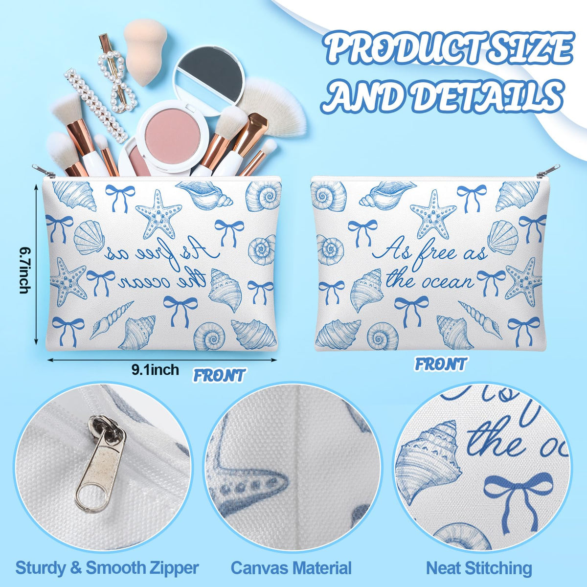 Reginary travel toiletry bag blue white canvas with zipper for easy packing