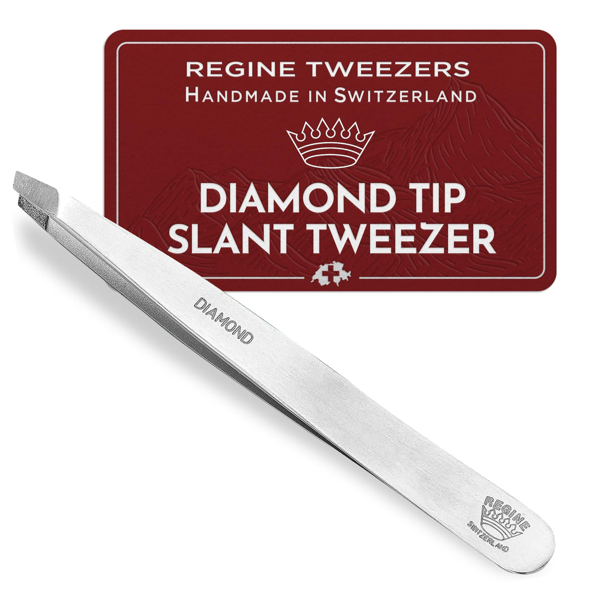 Regine Switzerland diamond tip tweezers with precise grip for brow shaping.