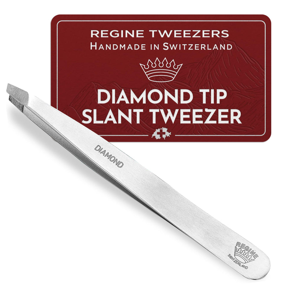 Regine Switzerland diamond tip tweezers with precise grip for brow shaping.