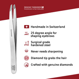Regine tweezers show 25-degree slant diamond tip for accurate hair removal.