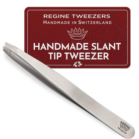 Regine Switzerland professional tweezers with etched slant tip for precise grip on fine hairs.