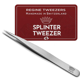 Regine Switzerland splinter tweezers with needle-nose tip for precise removal.