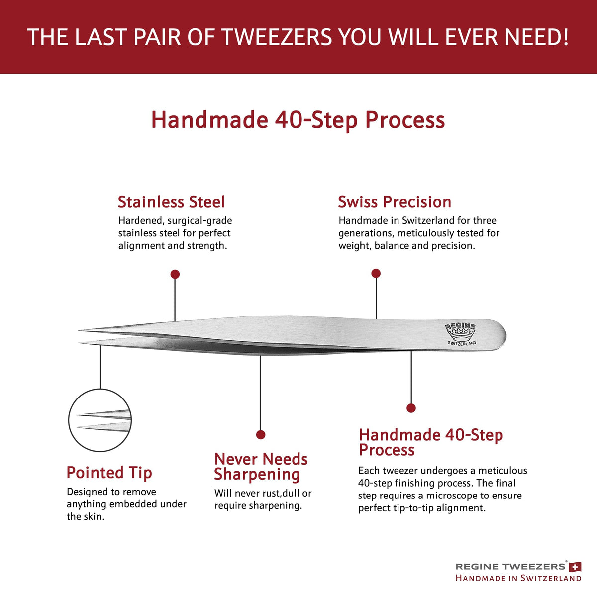 Regine Switzerland tweezers with stainless steel body for durability and rust resistance.