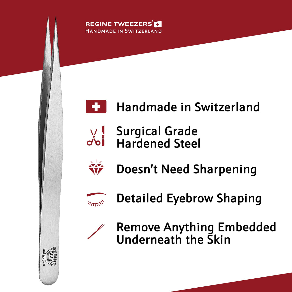Regine Switzerland splinter tweezers featuring a tip guard for safe storage.