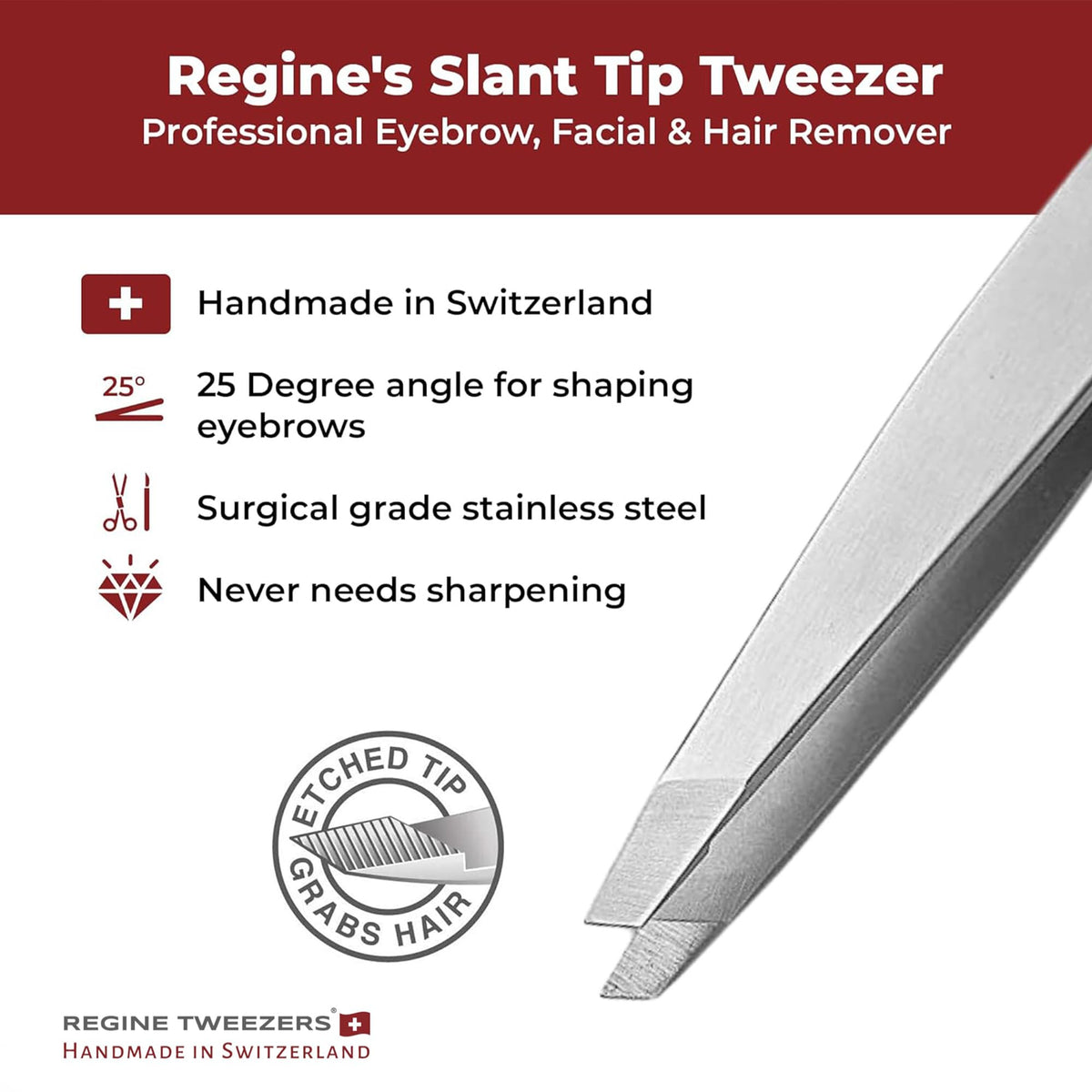 Regine tweezers with protective guard maintain alignment between uses for lasting precision.
