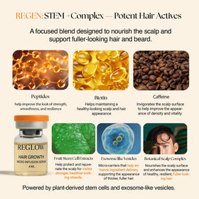 ReGlow regen-stem-plus-complex vial close-up showing plant-derived actives.