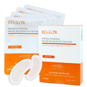ReGlow Restore eye patches pack close-up shows soothing hydration for overnight rejuvenation.