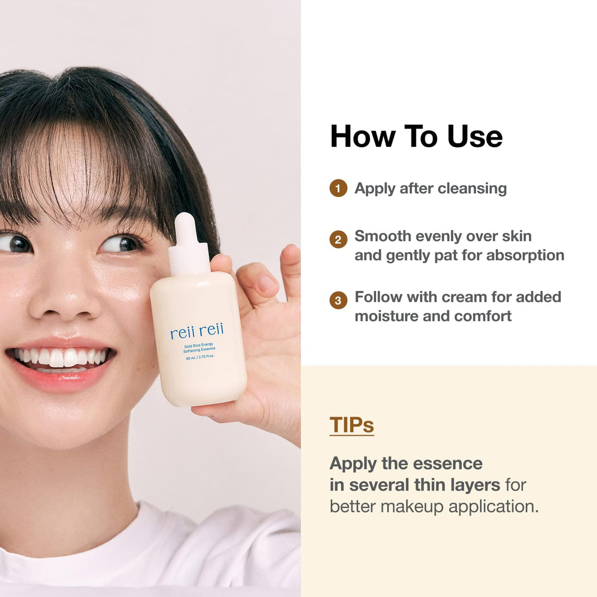 vegan packaging of reii reii Gold Rice Energy Essence highlighting cruelty-free promise