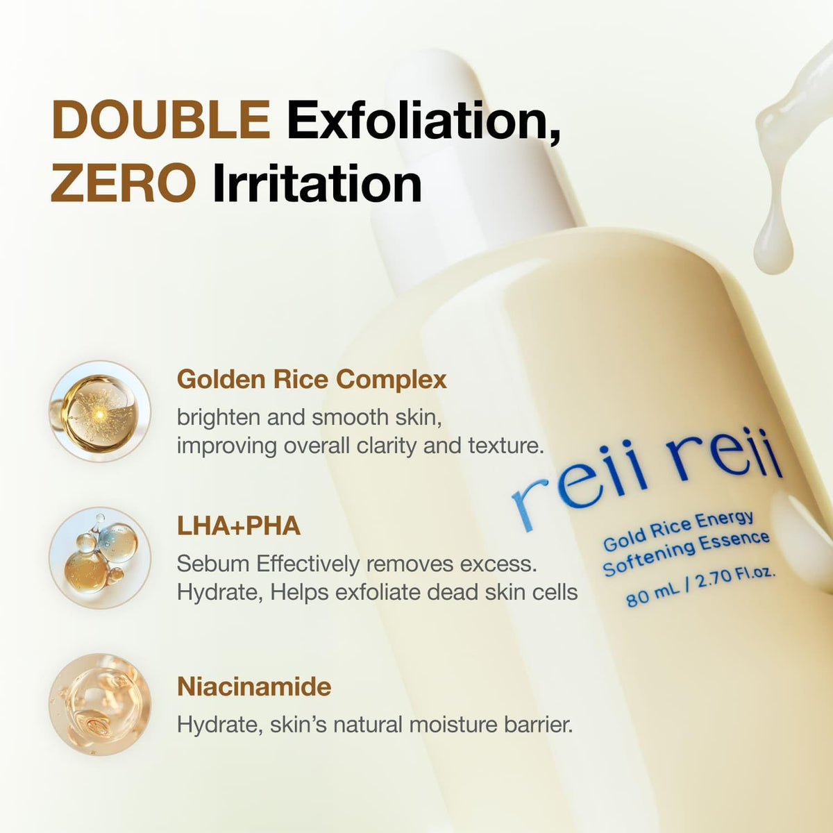 pump-dispense bottle of reii reii Gold Rice Energy Essence for easy daily use