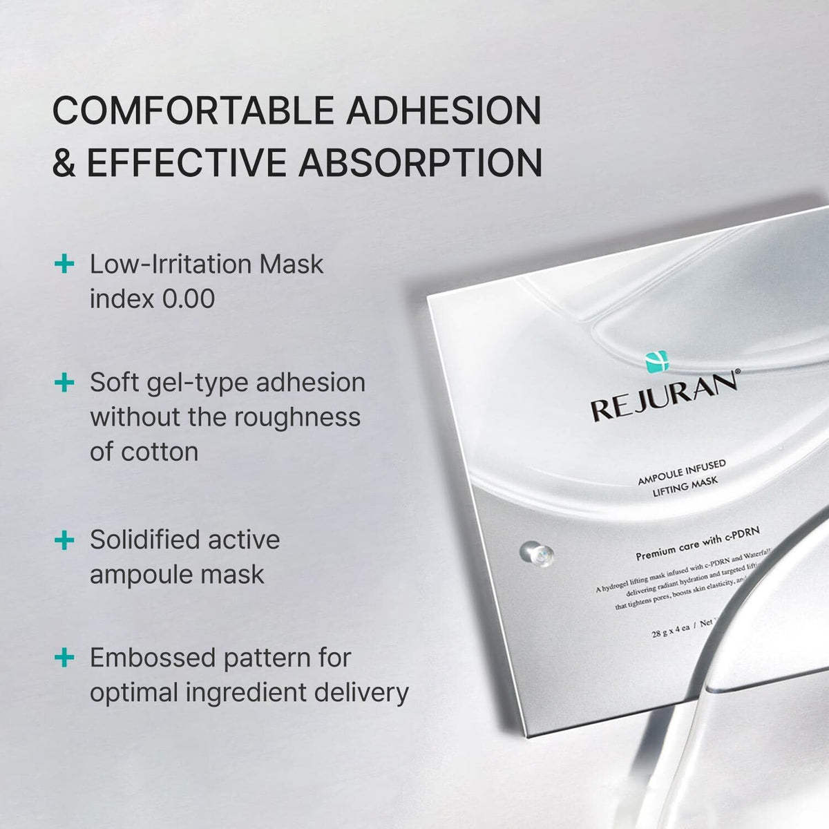 REJURAN Ampoule-Infused Lifting Mask packaging shows four-pack convenience