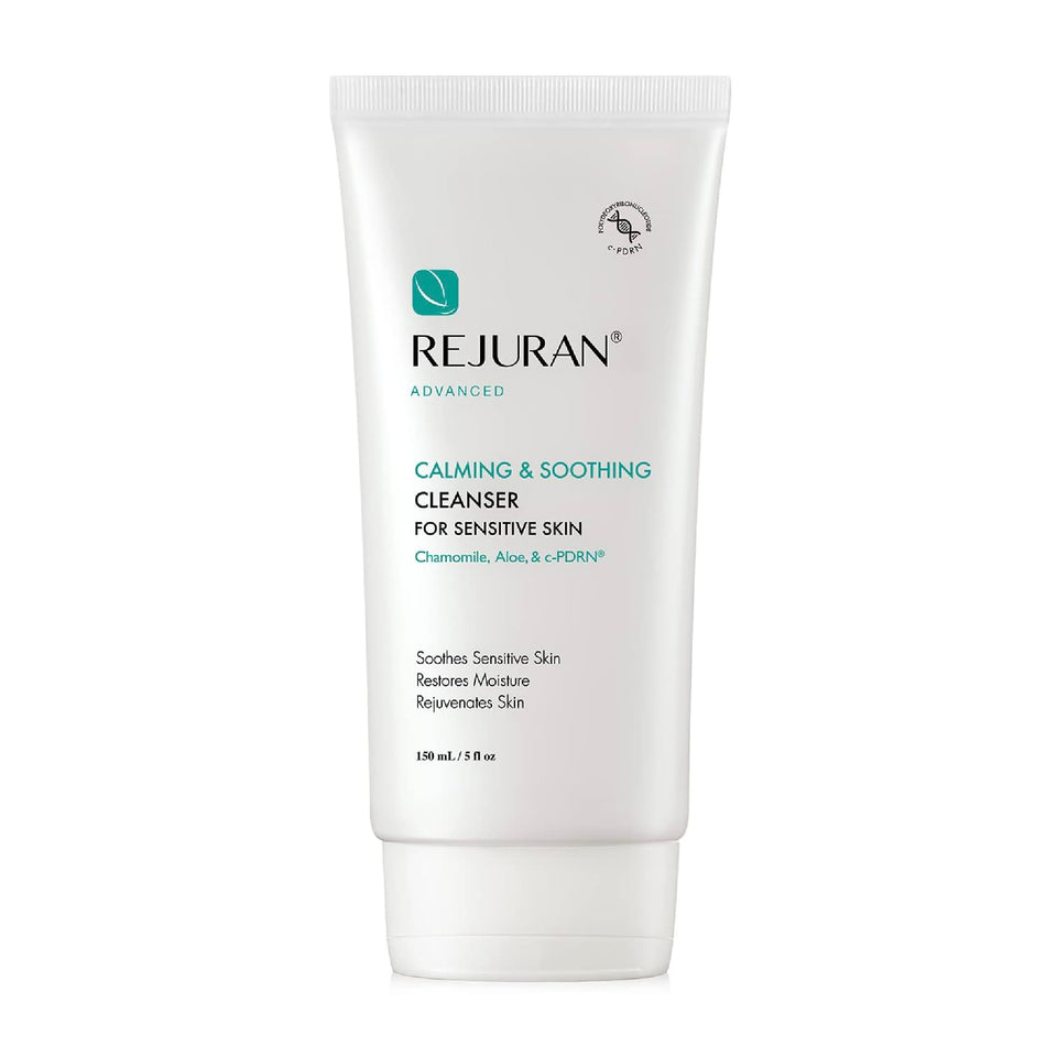REJURAN Calming Cleanser bottle with gentle gel formula preserving moisture for sensitive skin.