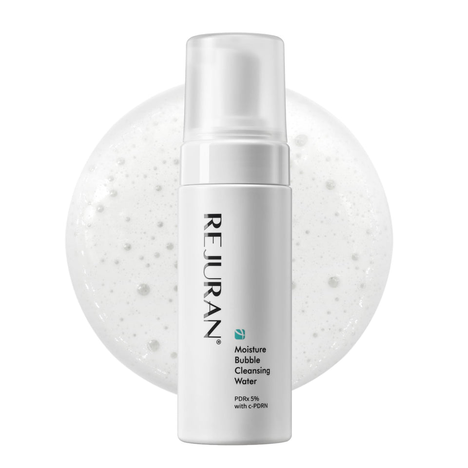 REJURAN Moisture Bubble Cleansing Water foam application gently lifts makeup while keeping skin hydrated