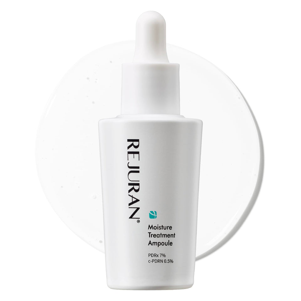REJURAN Moisture Treatment Ampoule bottle on a clean surface, suggesting premium hydration.