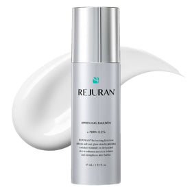 REJURAN Refreshing Emulsion bottle close-up showing lightweight hydration for daily use.