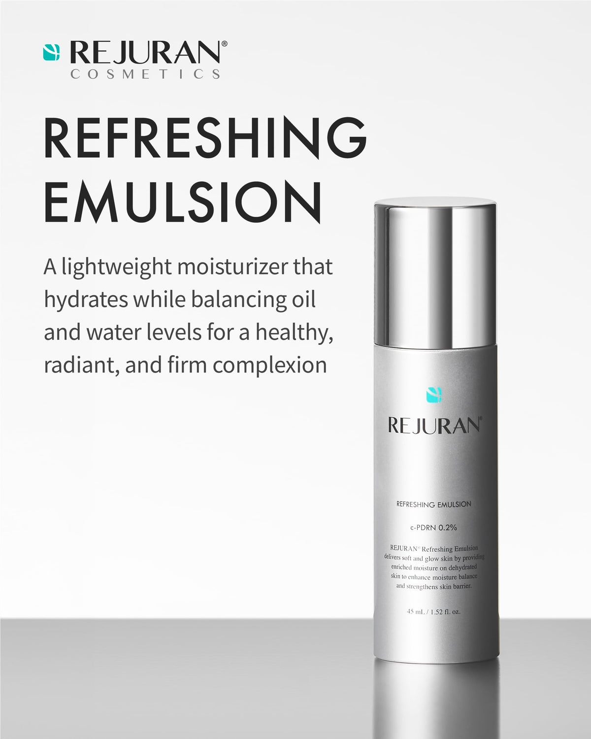 REJURAN Refreshing Emulsion cream on hand demonstrating quick absorption for everyday skincare.