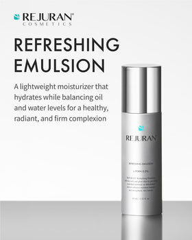 REJURAN Refreshing Emulsion cream on hand demonstrating quick absorption for everyday skincare.