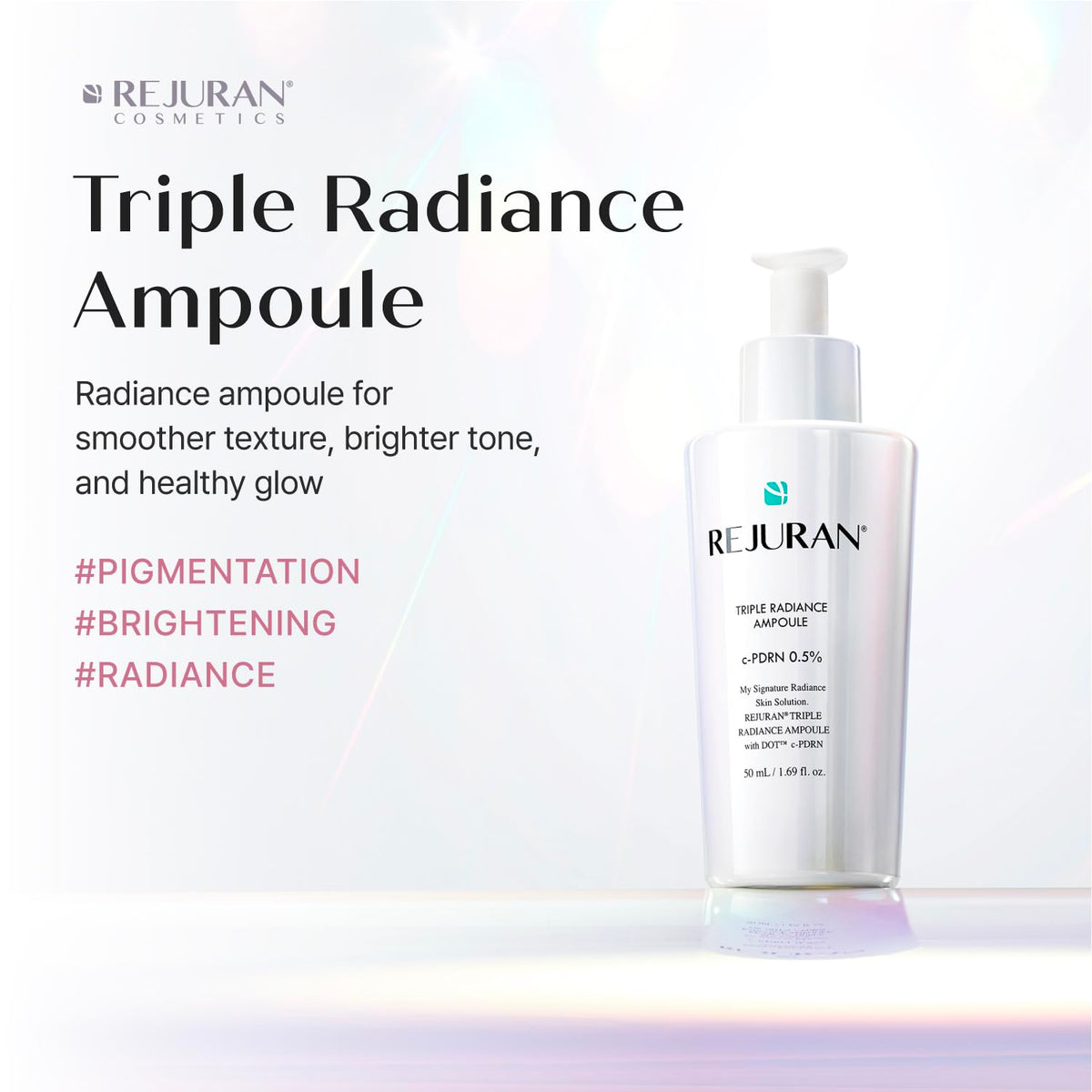 REJURAN Triple Radiance Ampoule dropper dispensing lightweight serum for quick absorption.