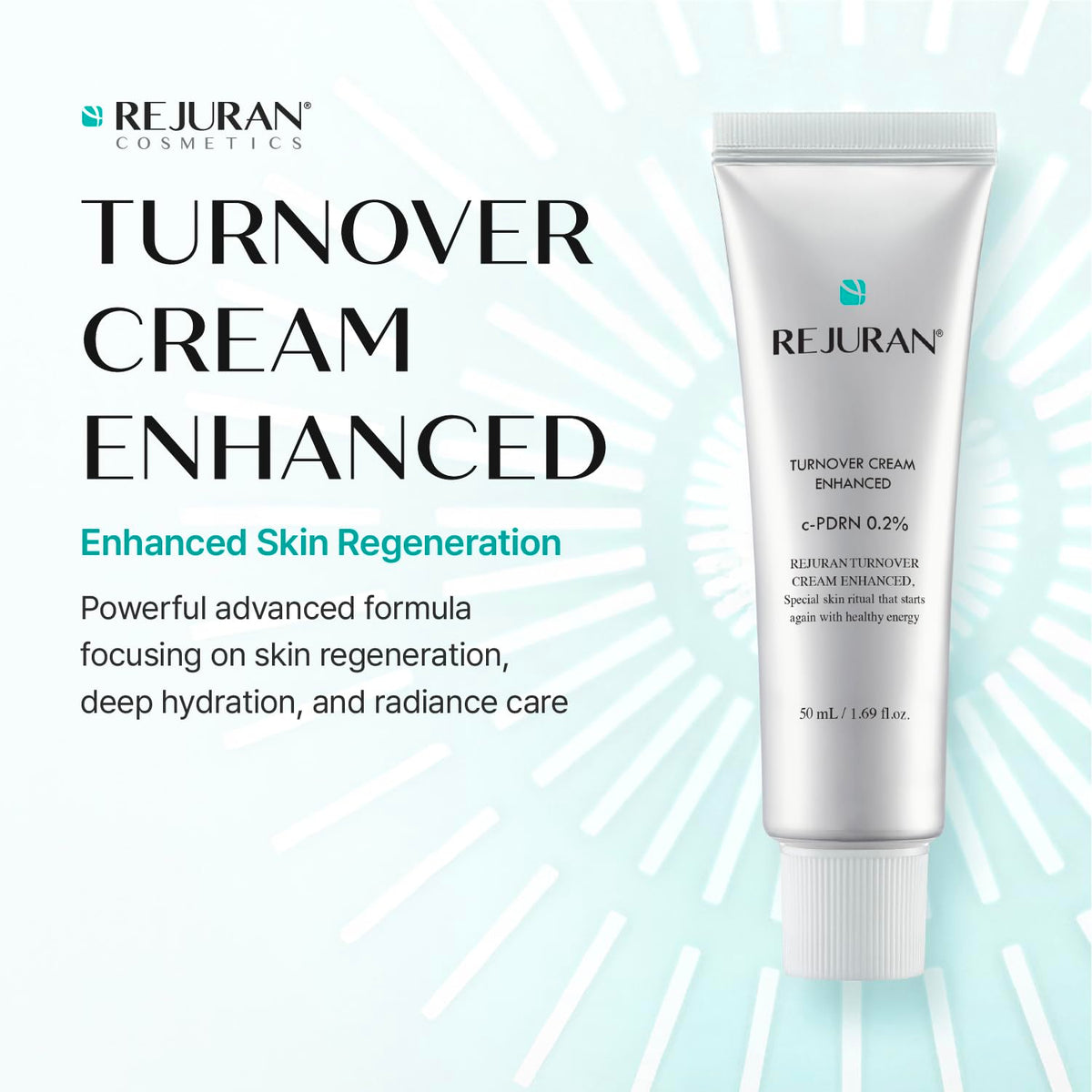 Close-up of REJURAN Turnover Cream Enhanced surface highlighting easy-absorbing formula.