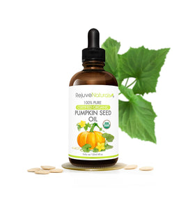 RejuveNaturals pumpkin seed oil bottle for pure moisture and scalp care.