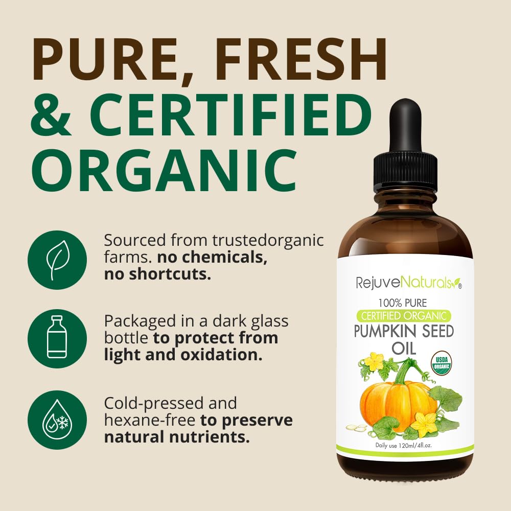 RejuveNaturals pumpkin seed oil packaging with certifications.