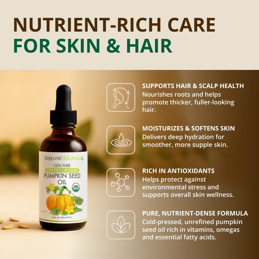 RejuveNaturals pumpkin seed oil dropper for precise skin and hair care.