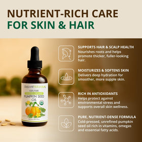 RejuveNaturals pumpkin seed oil dropper for precise skin and hair care.