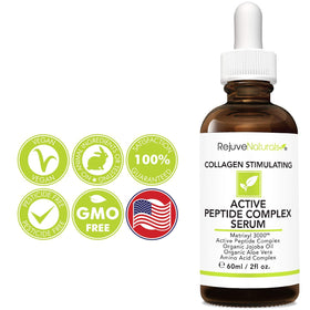 RejuveNaturals Peptide Complex Serum label detail highlights USA made vegan and cruelty-free