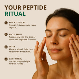 RejuveNaturals Peptide Complex Serum texture on fingertip shows silky, fast absorbing formula