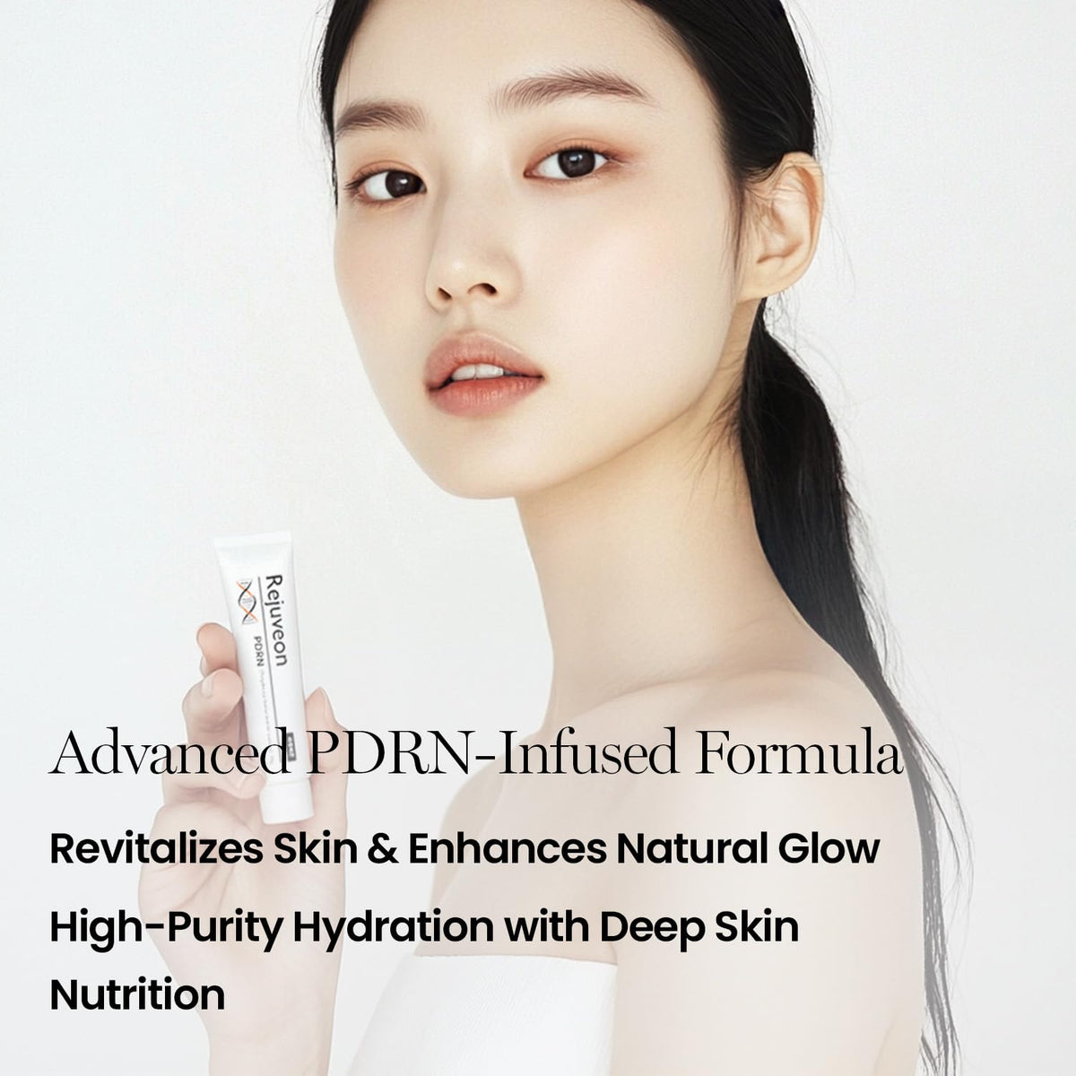 Rejuveon PDRN 1000 Plus Cream application shot suggesting night-time moisture.