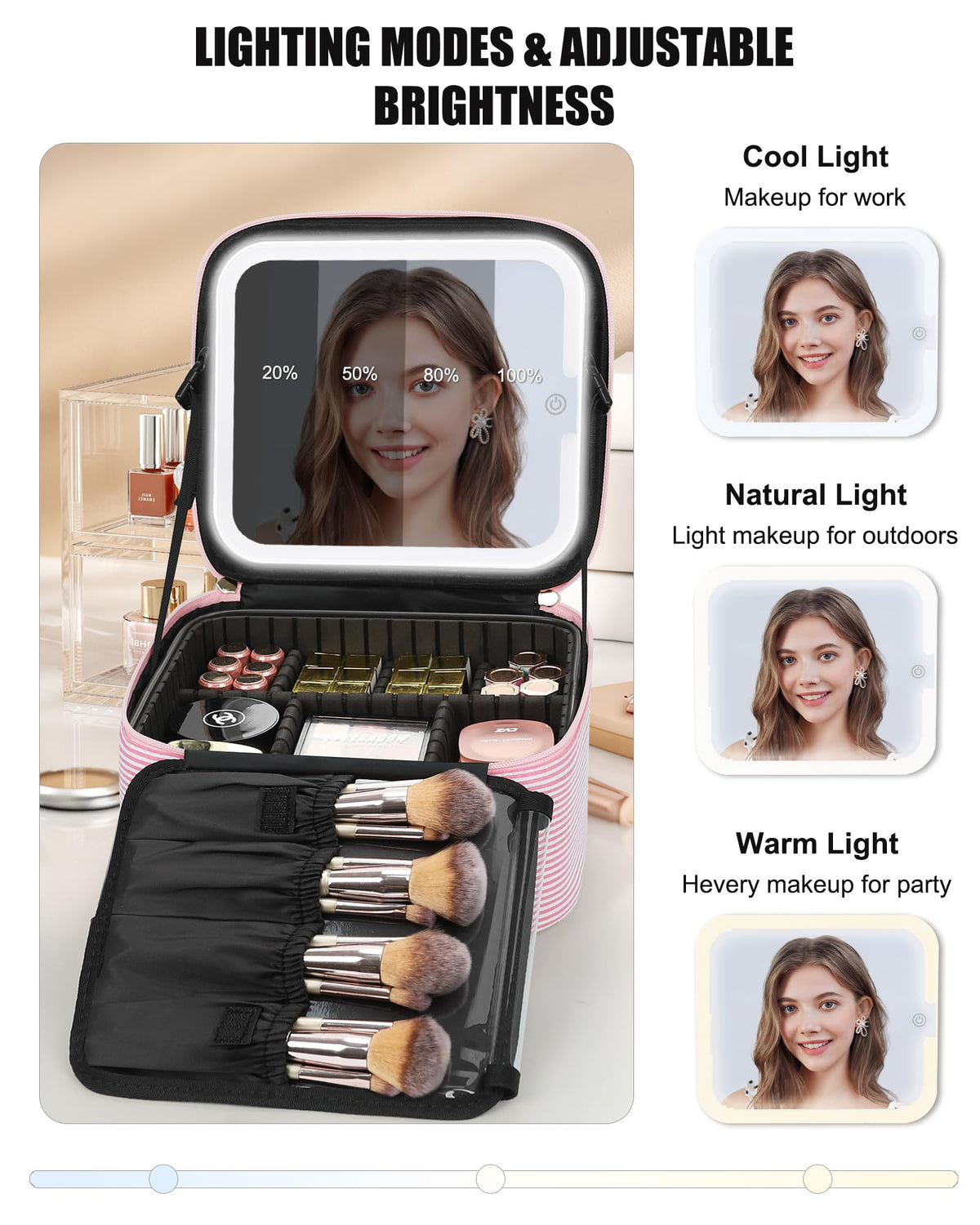 Relavel 3-color light mirror for true-to-life makeup under different settings.
