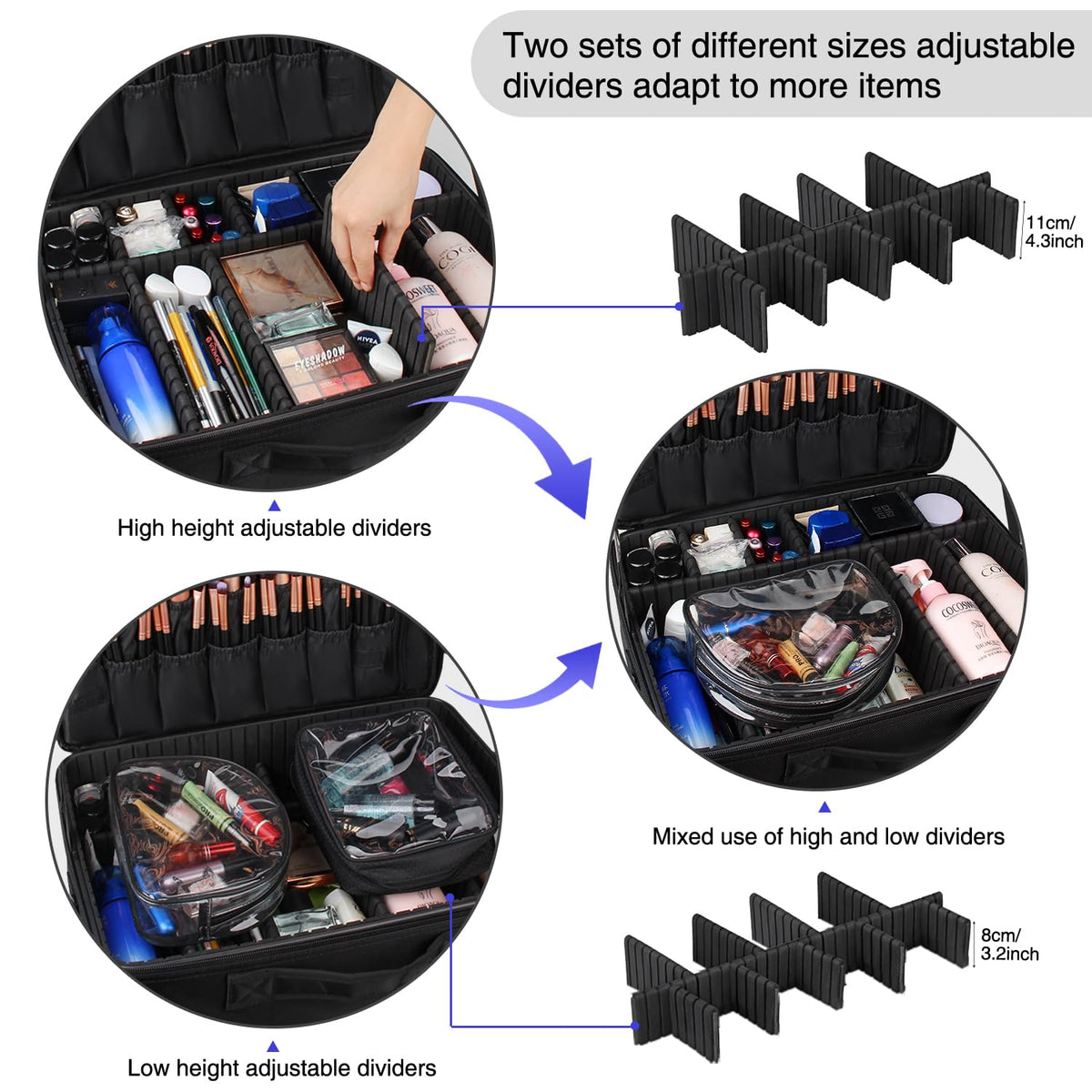 Relavel adjustable dividers setup enabling customizable cosmetics separation.