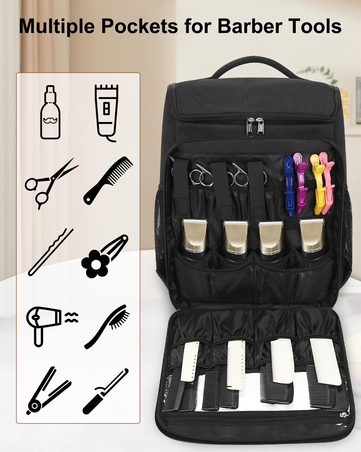 Relavel barber bag insulated main compartment protects hot tools after use