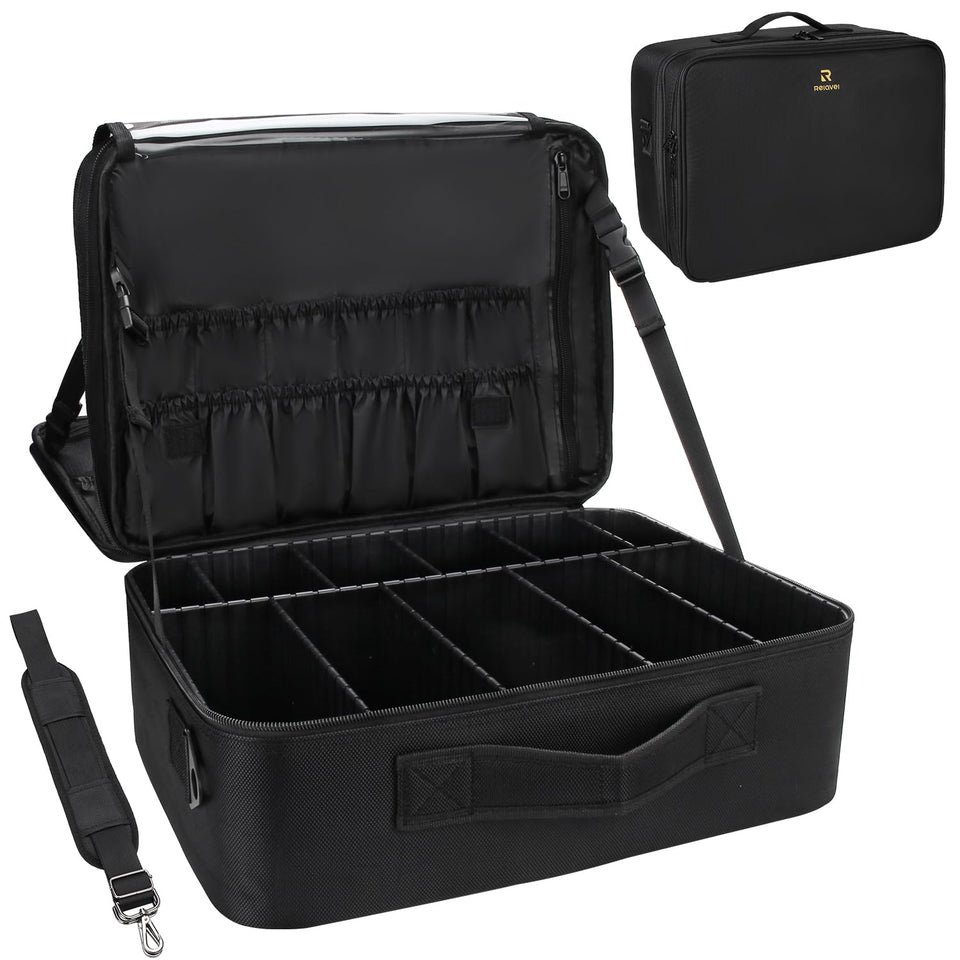 Relavel extra large makeup case with dividers showing adjustable compartments for organized cosmetics.