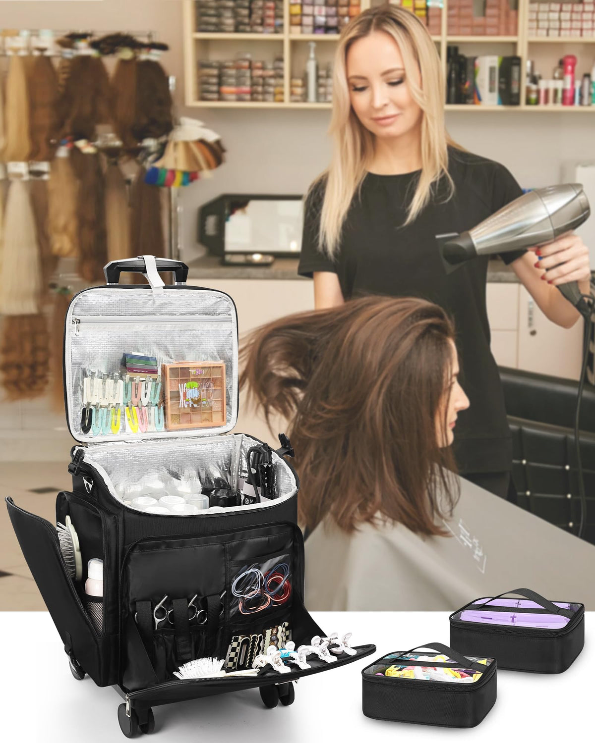 Relavel hair tools on wheels setup showing spacious interior organization