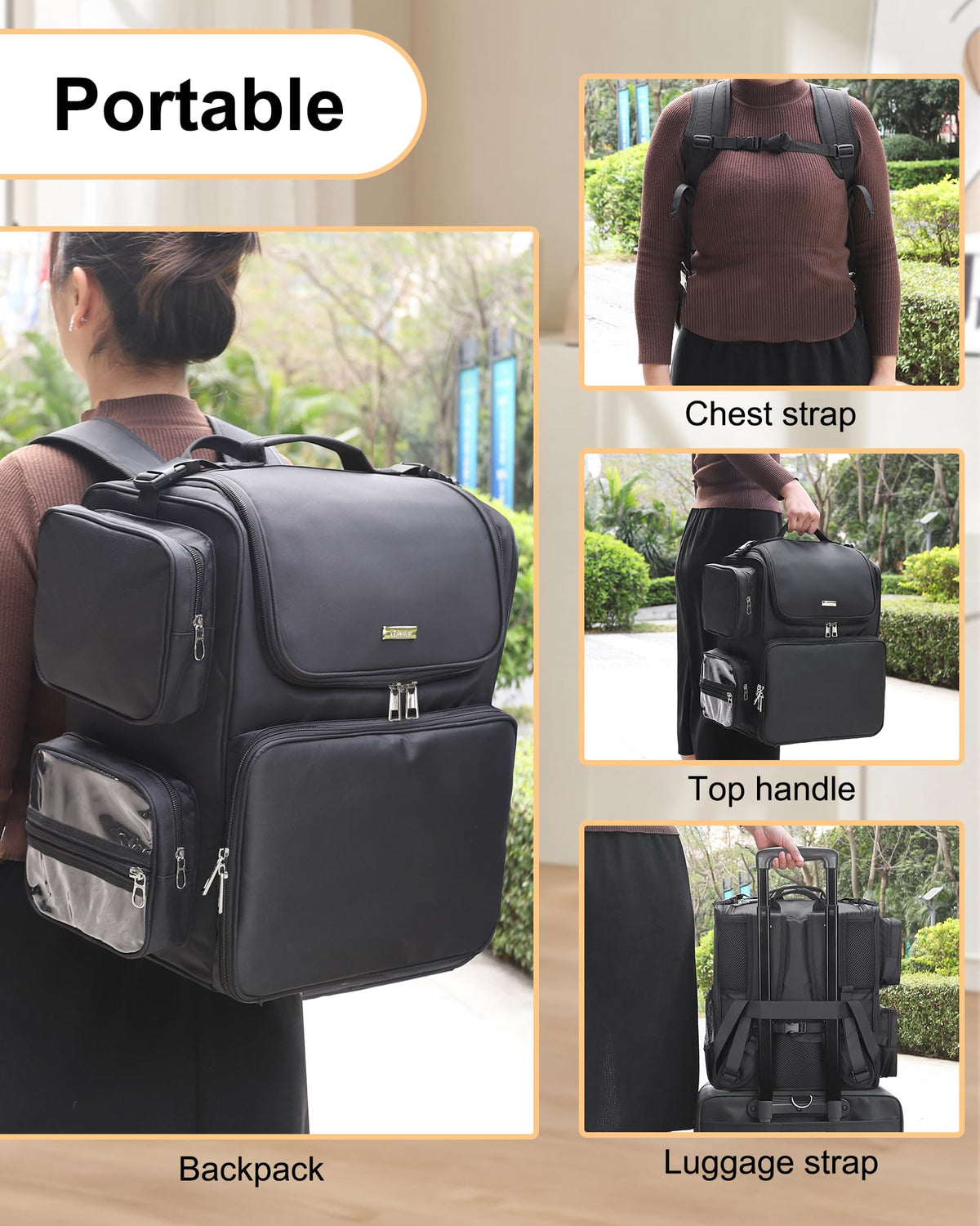 Relavel front compartment with elastic slots for brushes and scissors.
