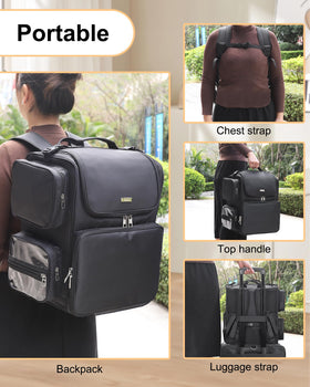 Relavel front compartment with elastic slots for brushes and scissors.