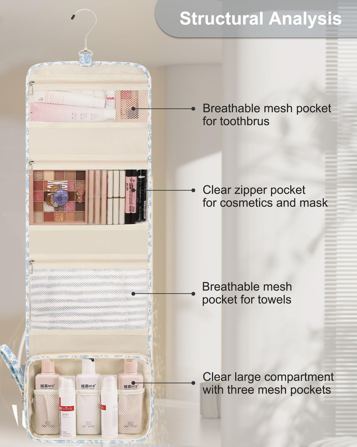 Relavel bag 360-degree hook enabling flexible hanging in bathrooms