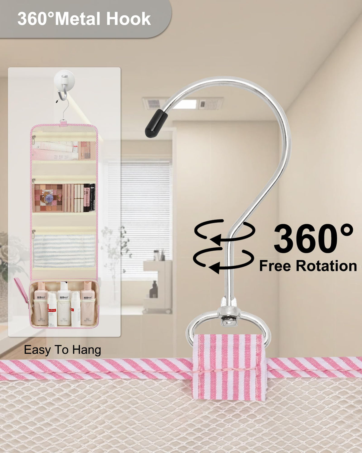 Relavel hanging toiletry bag showing 360-degree hook for flexible hanging.