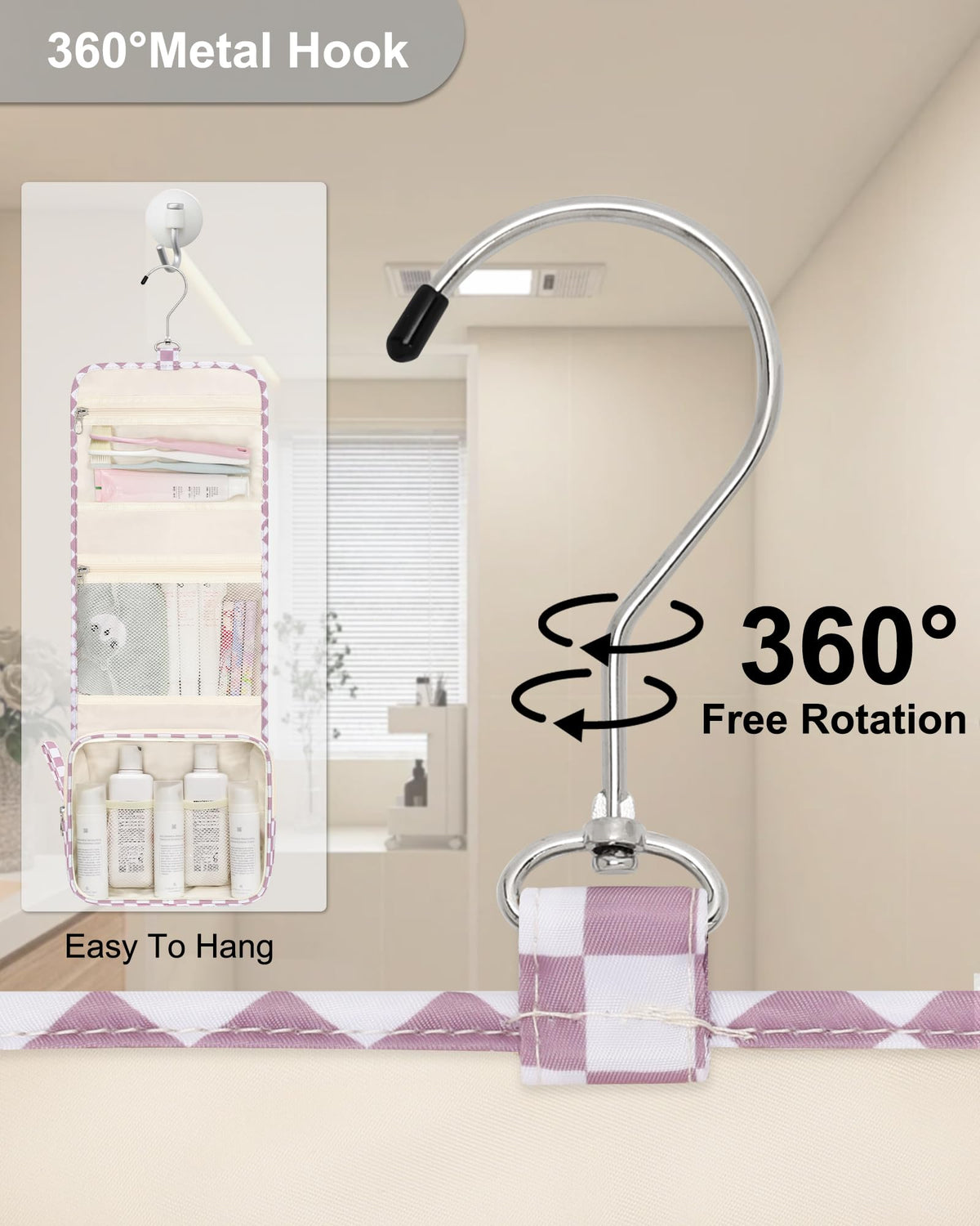 Relavel hanging toiletry bag with 360-hook in use for easy bedside hanging.
