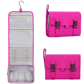 Relavel hanging toiletry bag folded for compact travel organization