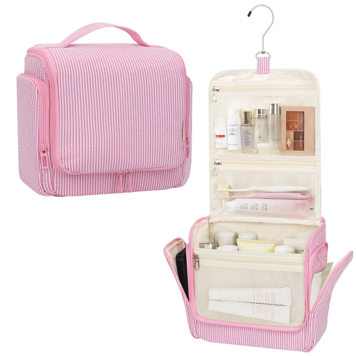 Relavel hanging toiletry bag open shows organized compartments for travel essentials.