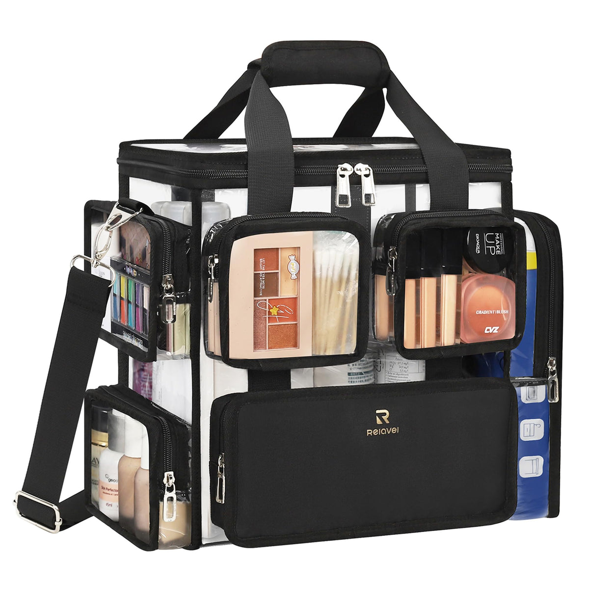Relavel large clear makeup bag showing ample capacity for professional kits
