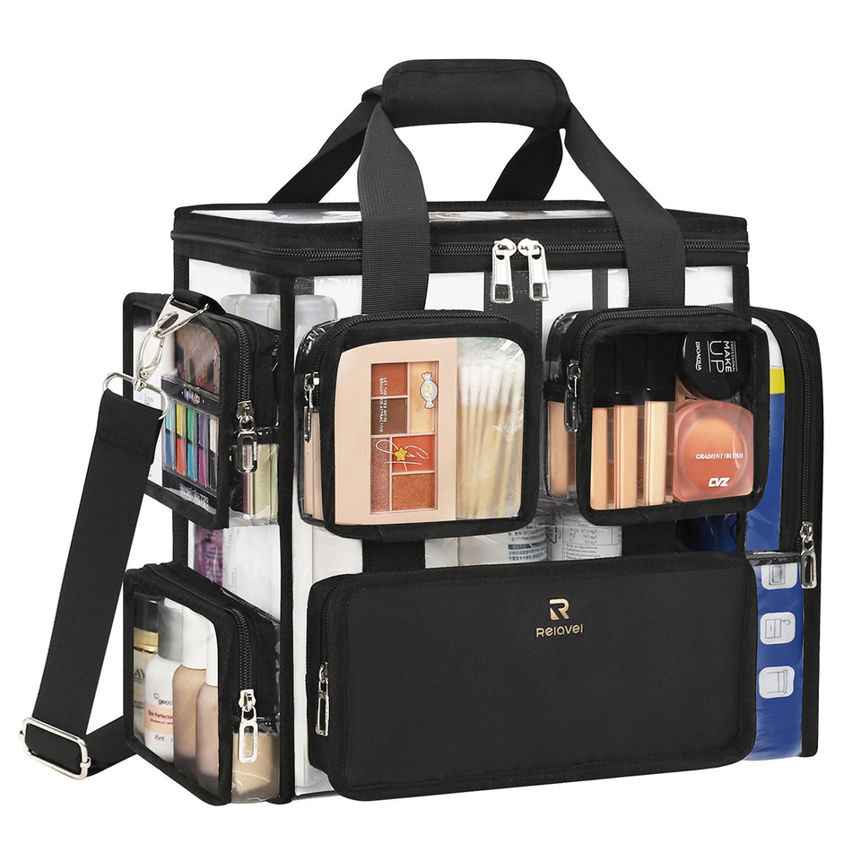 Relavel large clear makeup bag showing ample capacity for professional kits