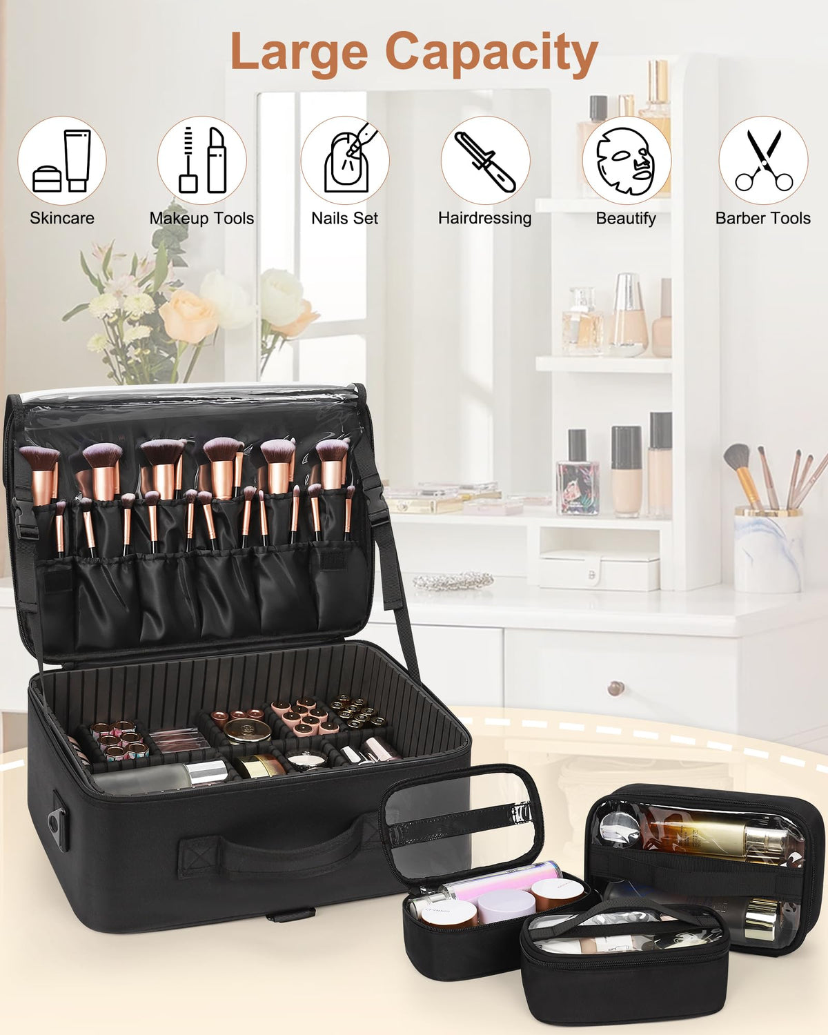 Relavel makeup bag with an adjustable shoulder strap for versatile carrying.