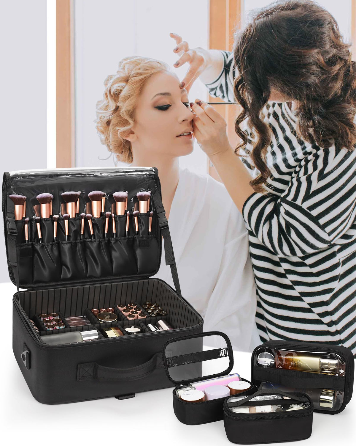 Relavel makeup bag interior with adjustable dividers for personalized organization.