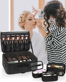 Relavel makeup bag interior with adjustable dividers for personalized organization.